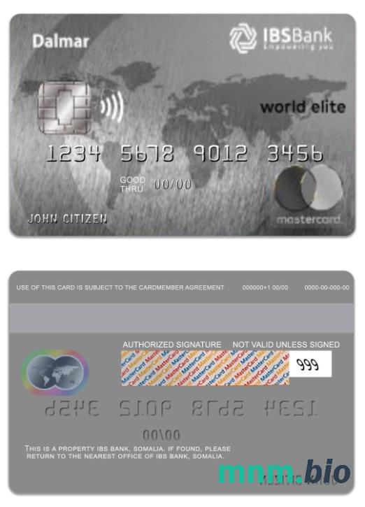 Somalia IBS Bank Dalmar świat elita przykład karty mastercard w formacie PSD